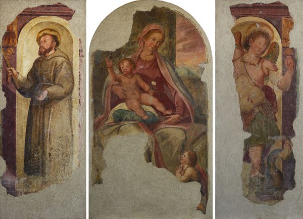 Scuola Fiorentina, XVII sec. - Tre pannelli con affreschi strappati