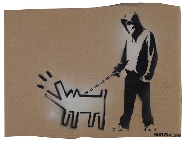 Banksy : Rap with dog  (2015)  -  Spray, graffiti a stencil su cartone  - Asta ARTE MODERNA E CONTEMPORANEA - III - Galleria Pananti Casa d'Aste