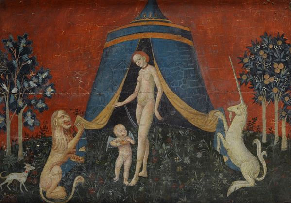 Pittore Gotico Internazionale, XV sec. - Lady with a unicorn and a lion