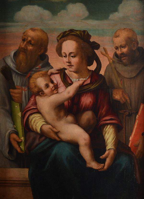 Scuola Fiorentina, XVI sec. - Madonna con Bambino, San Francesco e San Benedetto