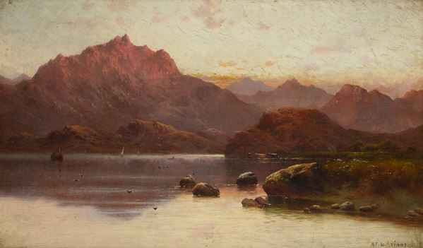 Alfred Fontville De Breanski - Paesaggio lacustre al tramonto