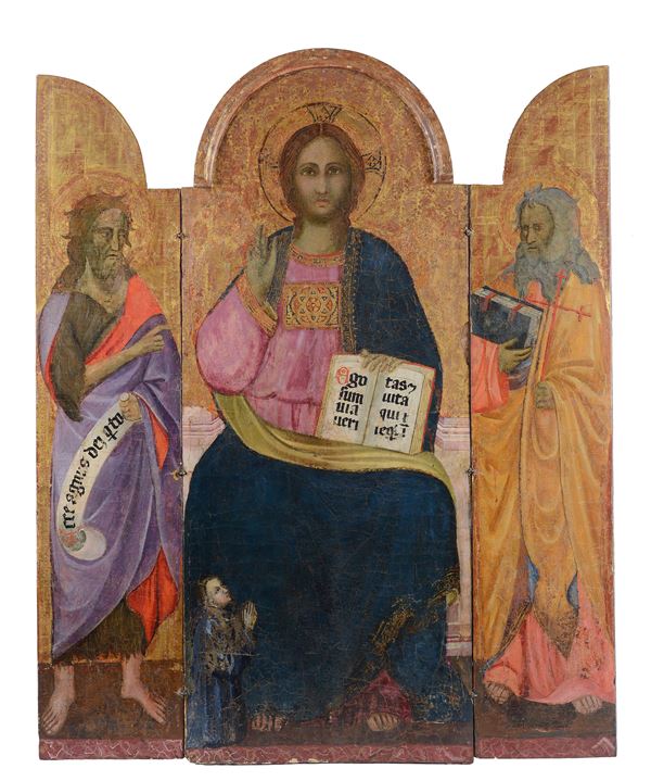 Scuola Italia Centrale, XIV - XV sec. - Blessing Christ Enthroned with Saints and Client (triptych)