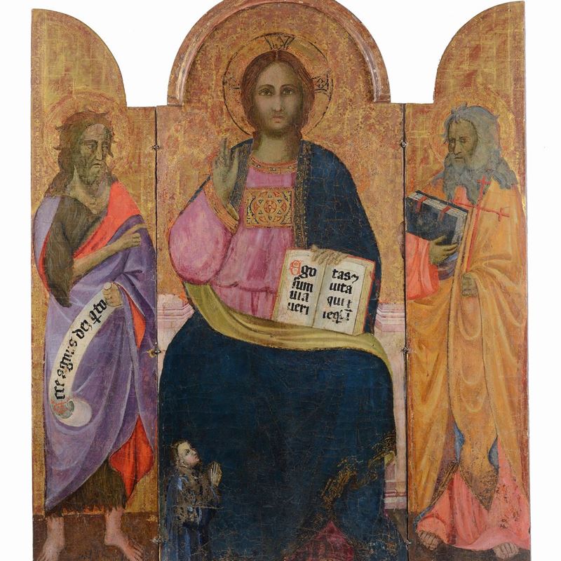Scuola Italia Centrale, XIV - XV Sec. - Cristo Benedicente in Trono con Santi e Committente (trit...