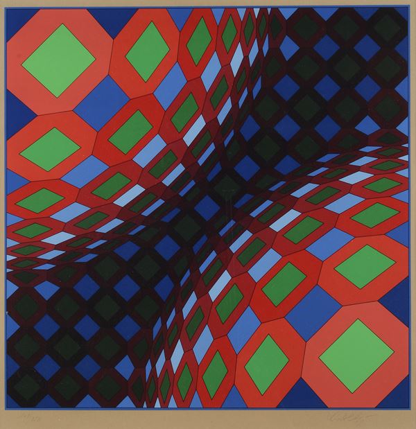 Victor Vasarely -  BI-OKTA B - Composizione rossa, bianca e verde