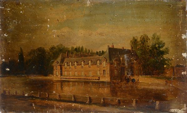Anonimo, XIX sec. - Paesaggio con palazzo sul fiume
