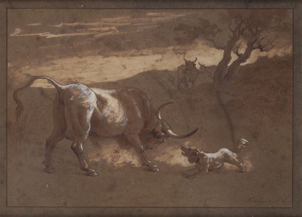 Anonimo, XIX sec. - Fight between dog and bull