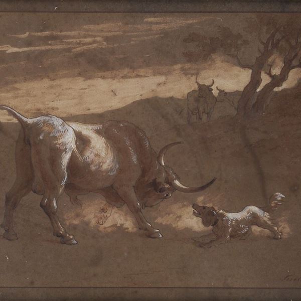 Anonimo, XIX sec. - Fight between dog and bull