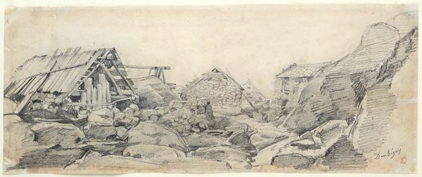 Charles-Fran&#231;ois Daubigny - Paesaggio roccioso con rifugio di montagna