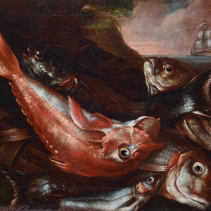 Scuola Italia Meridionale, XVII Sec. - Natura Morta con Cesta di Pesci