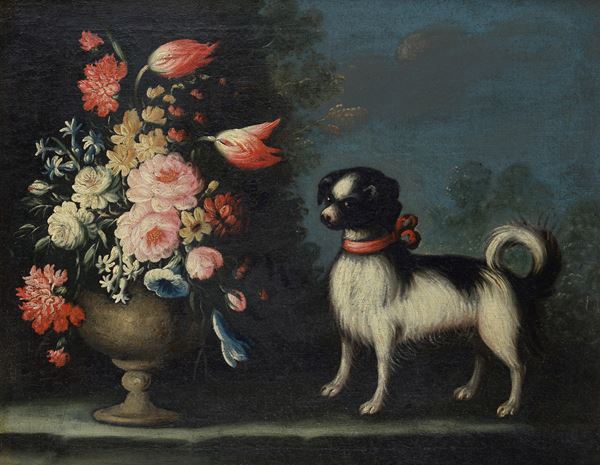 Scuola Italia Settentrionale, XVIII sec. - Natura morta con fiori e cane