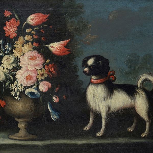 Scuola Italia Settentrionale, XVIII sec. - Still life with flowers and dog