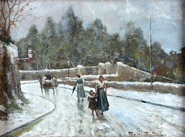 Paolo Pratella - Snowy Road with Figures