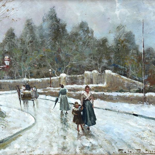 Paolo Pratella - Snowy Road with Figures
