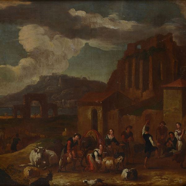 Scuola Italia Centrale, XVII sec. - Landscape with Peasants and Herds