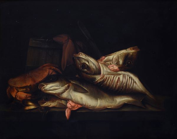 Scuola Fiamminga, sec. XIX - Natura morta con pesci e granchio