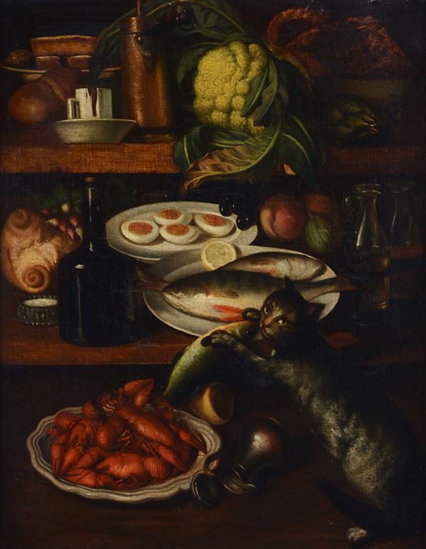 Attr. a Carlo Magini (1720 - 1806) - Interno di cucina con vivande gatto