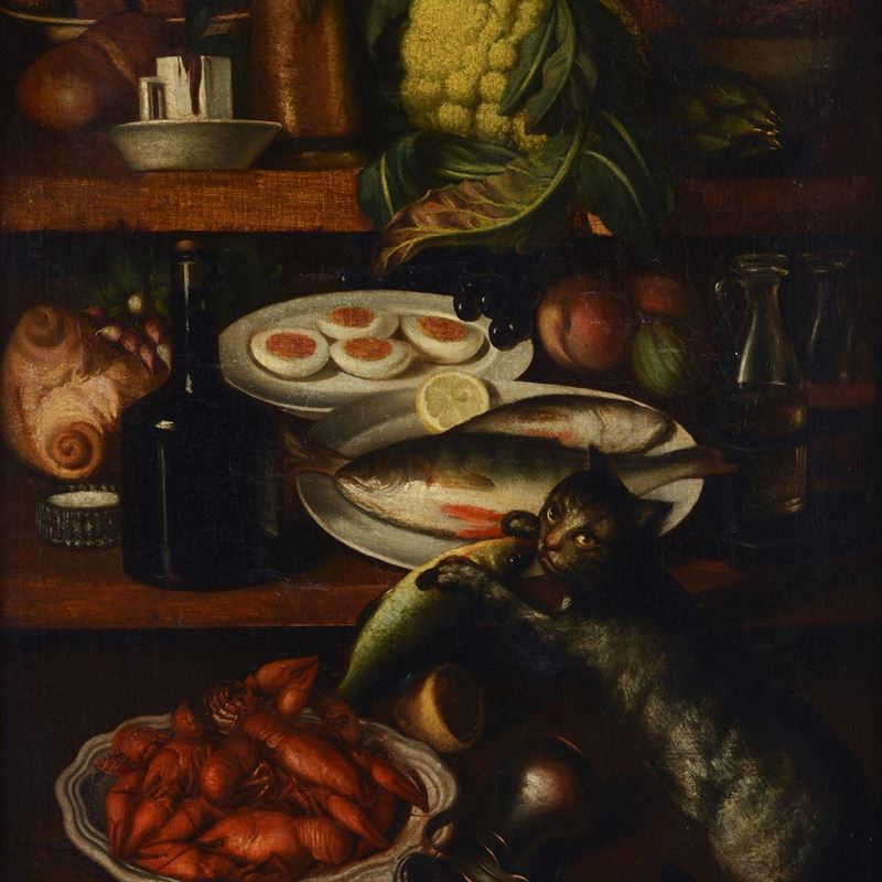 Attr. a Carlo Magini (1720 - 1806) - Interno di Cucina con Vivande Gatto