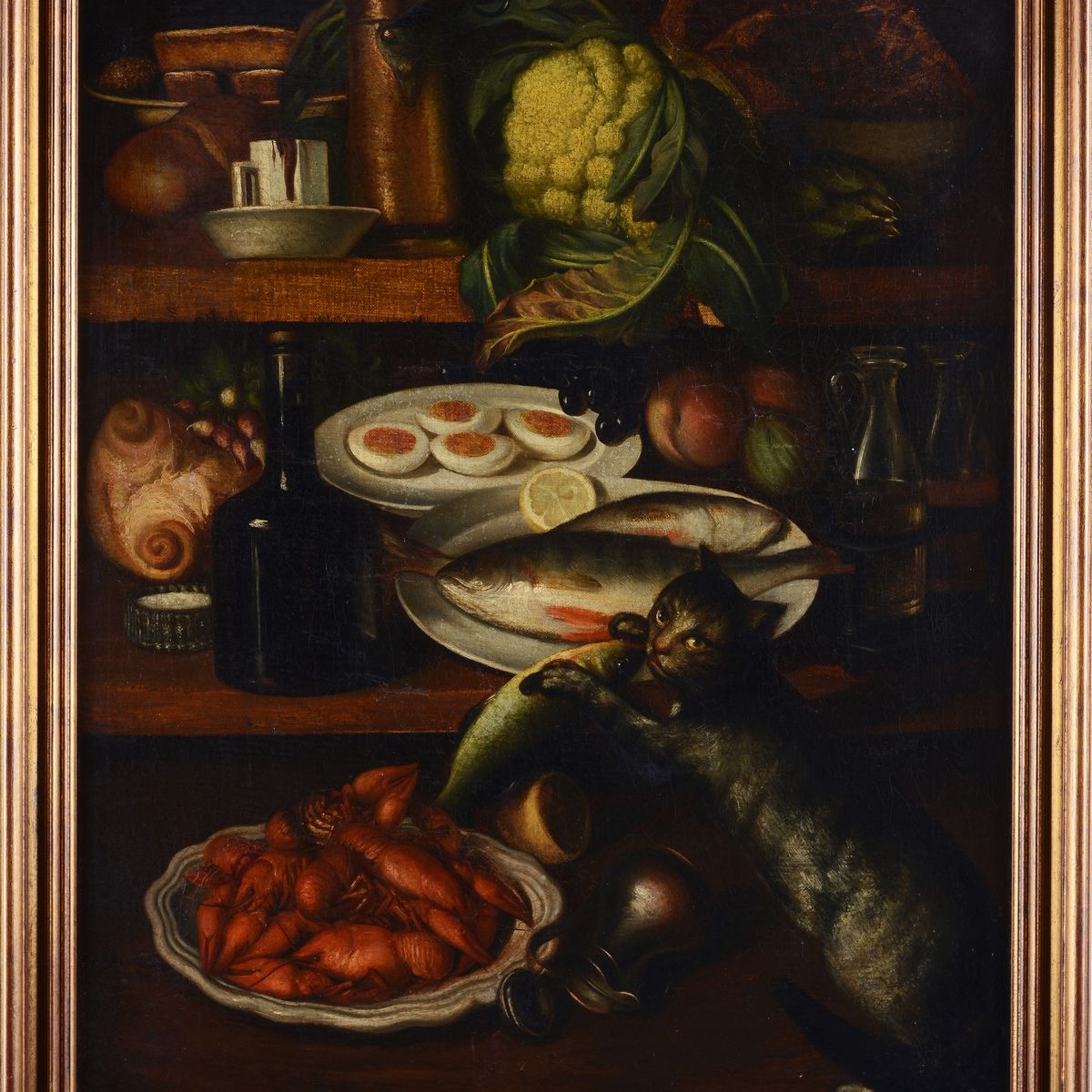 Attr. a Carlo Magini (1720 - 1806) - Interno di Cucina con Vivande Gatto