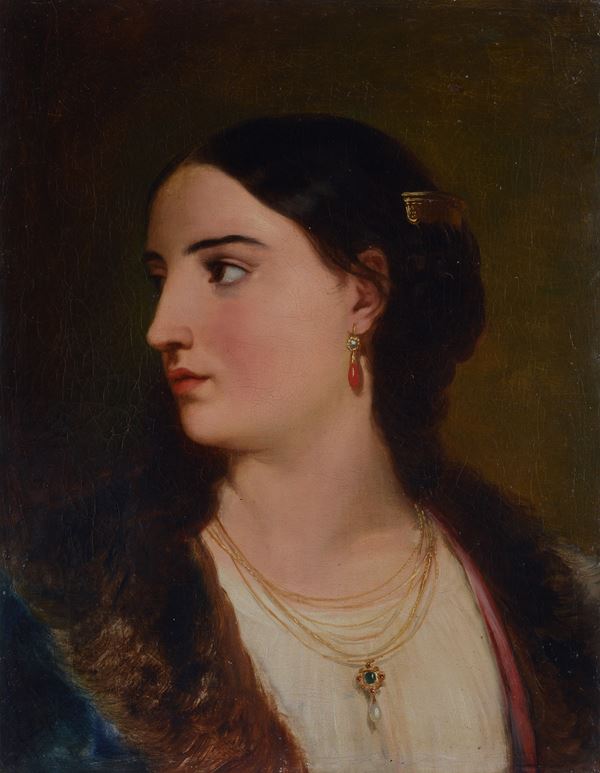 Scuola Francese, XIX sec. - Ritratto di giovane donna con orecchino in corallo