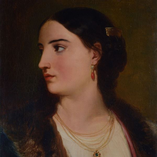 Scuola Francese, XIX sec. - Ritratto di giovane donna con orecchino in corallo