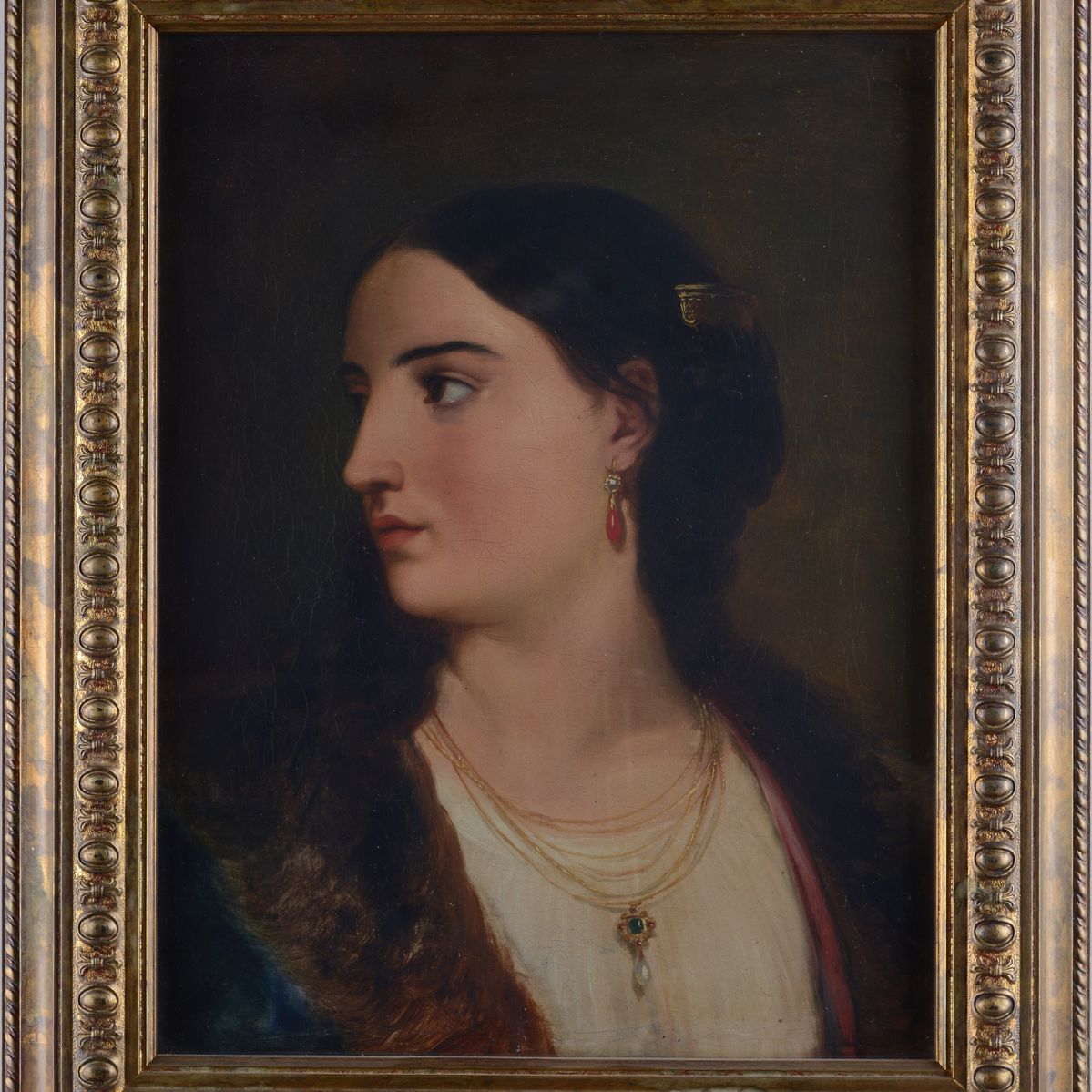 Scuola Francese, XIX Sec. - Ritratto di Giovane Donna con Orecchino in Corallo