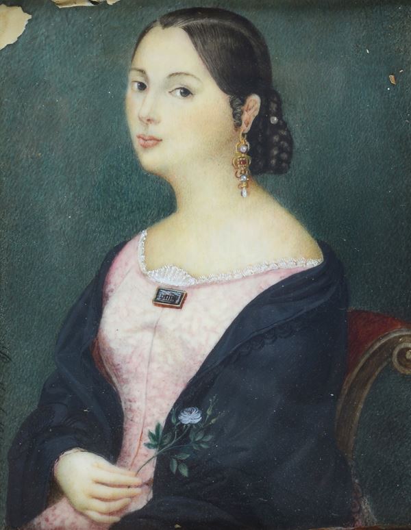 Scuola Europea, XIX sec. - Portrait of young woman with flower