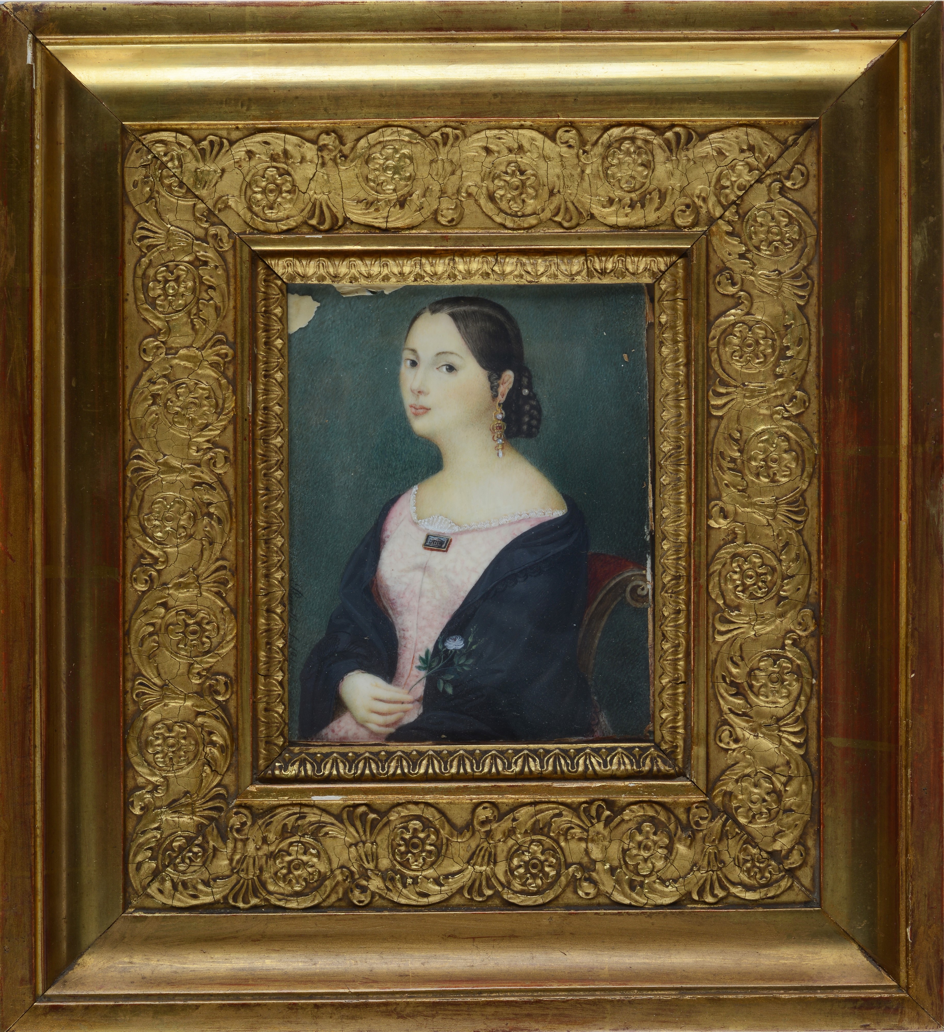 Scuola Europea, XIX Sec. - Ritratto di Giovane Donna con Fiore