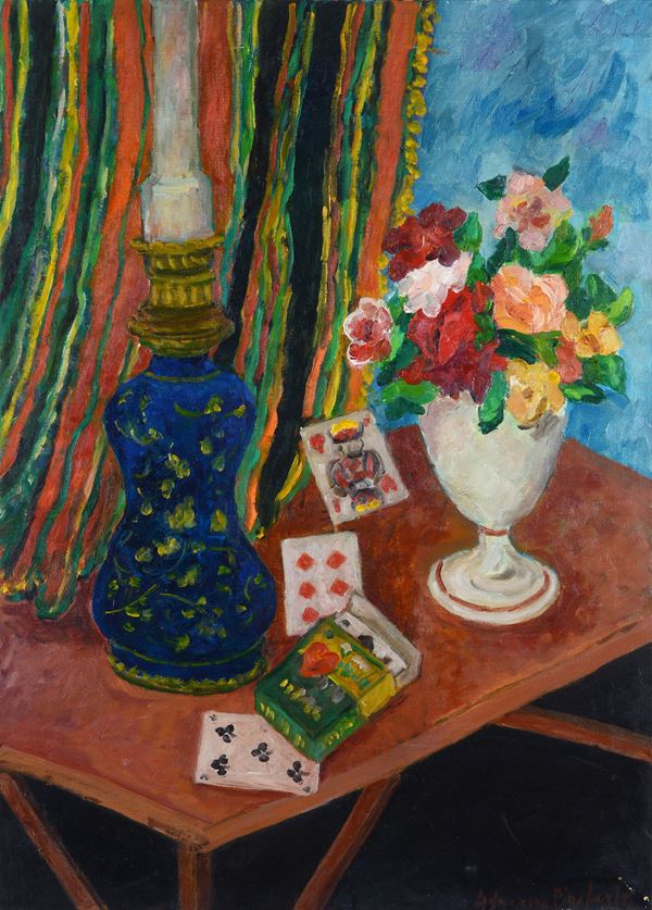 Adriana Pincherle - Still life with lamp, flowers and playing cards