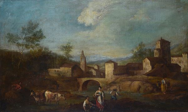 Scuola Italia Centrale, XVIII sec. - Landscape with architecture, peasants and herds