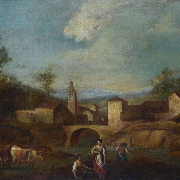 Scuola Italia Centrale, XVIII sec. - Paesaggio con architetture, contadini e armenti