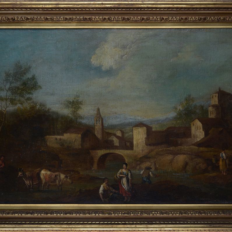 Scuola Italia Centrale, XVIII Sec. - Paesaggio con Architetture, Contadini e Armenti