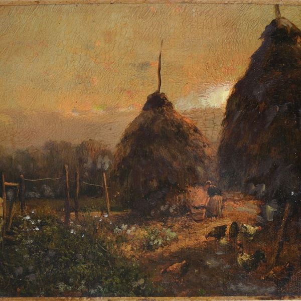 Anonimo, XX sec. - Landscape with Sheaves and Peasant Woman