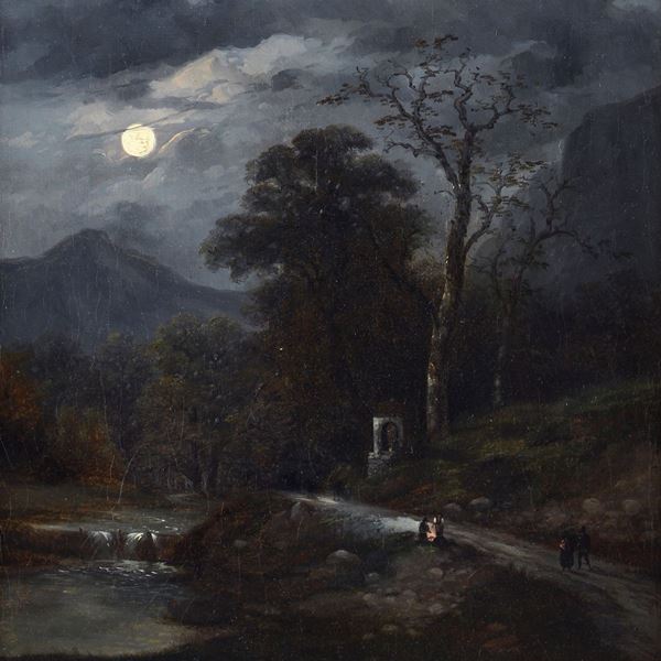 Anonimo, XIX sec. - Night Landscape with Figures