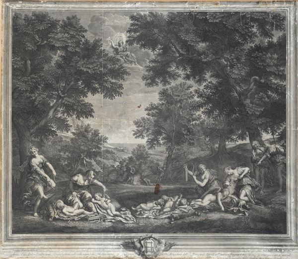 &#201;tienne  Baudet - Diana's nymphs strip their loves of weapons (by Francesco Albani)
