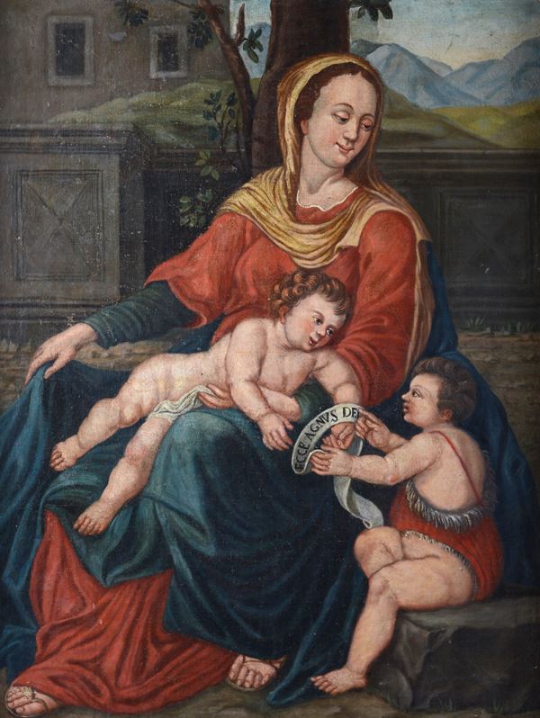 Scuola Romana, XVI sec. - Madonna with Child and St. John the Baptist
