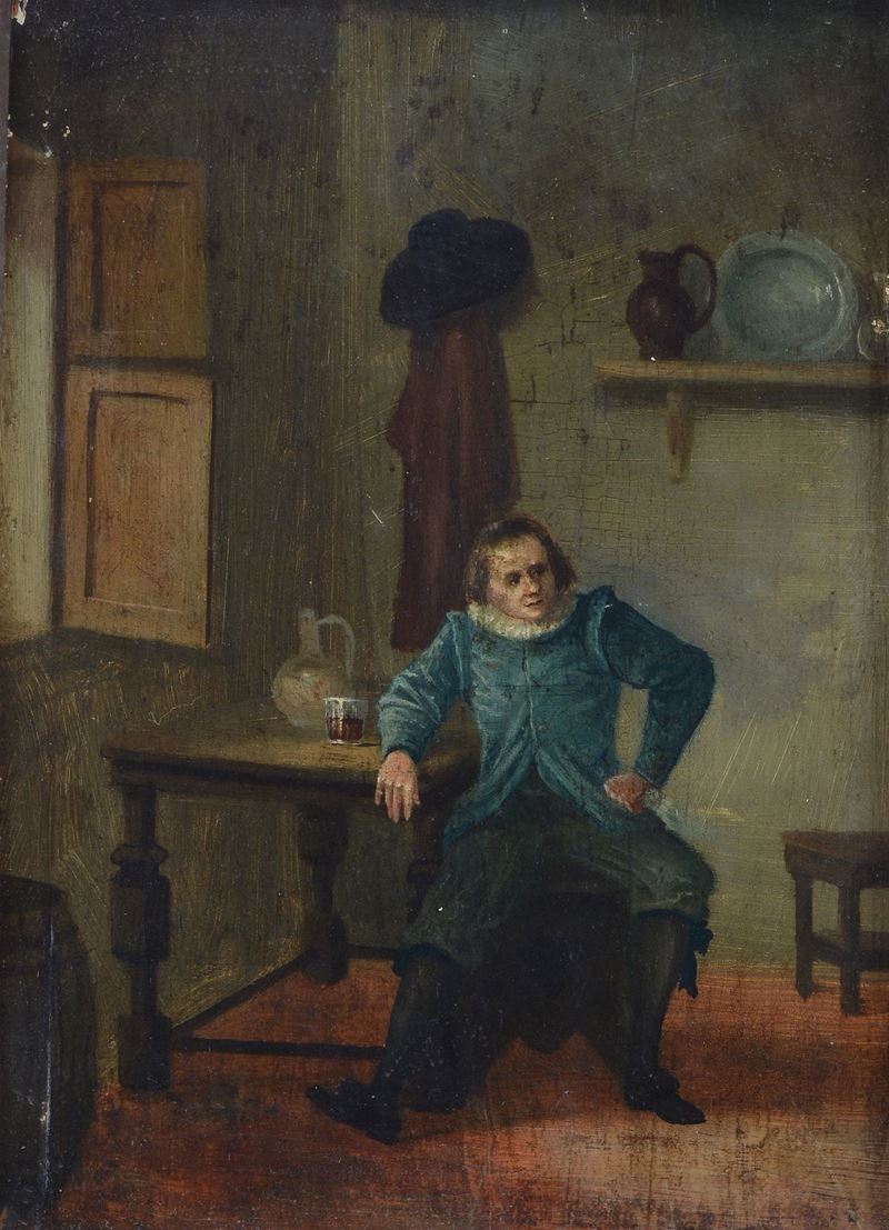 Scuola Fiamminga, XVII Sec. - Interno con Bevitore