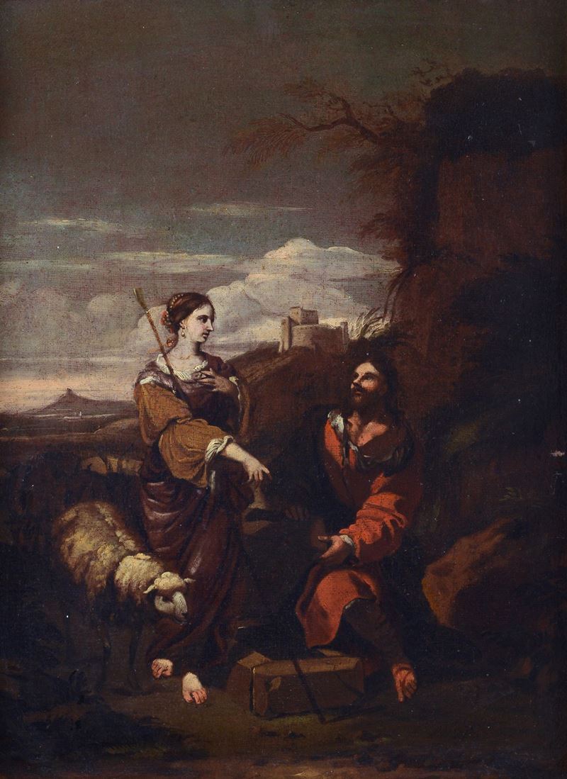 Scuola Romana, XVII Sec. - Cristo e la Samaritana al Pozzo
