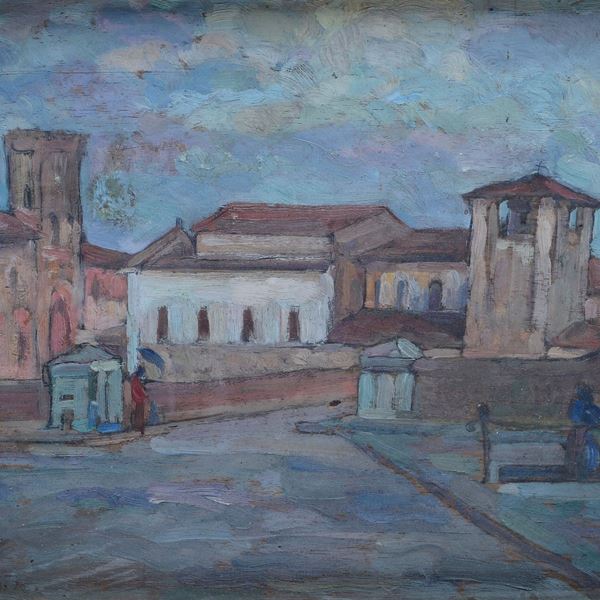 Anonimo, prima met&#224; XX sec. - Scorcio cittadino con ponte