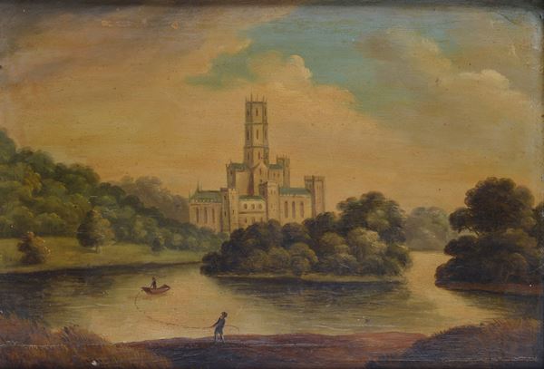 Scuola Tedesca, XIX sec. - Lake landscape with castle