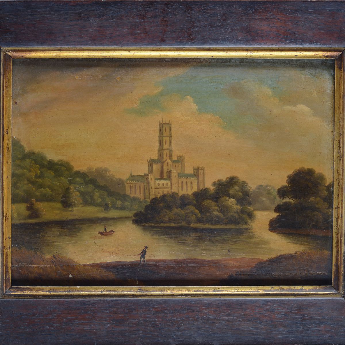Scuola Tedesca, XIX Sec. - Paesaggio Lacustre con Castello