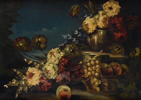 Anonimo, XX sec. - Still life with fruit and flowers