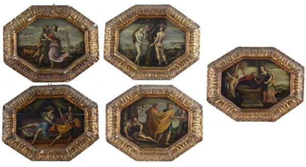 Scuola Fiorentina, XVII sec. - Cinque dipinti su tavola 