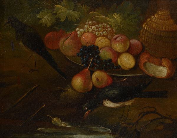 Scuola Lombarda, XVIII sec. - Natura morta con frutta e uccelli