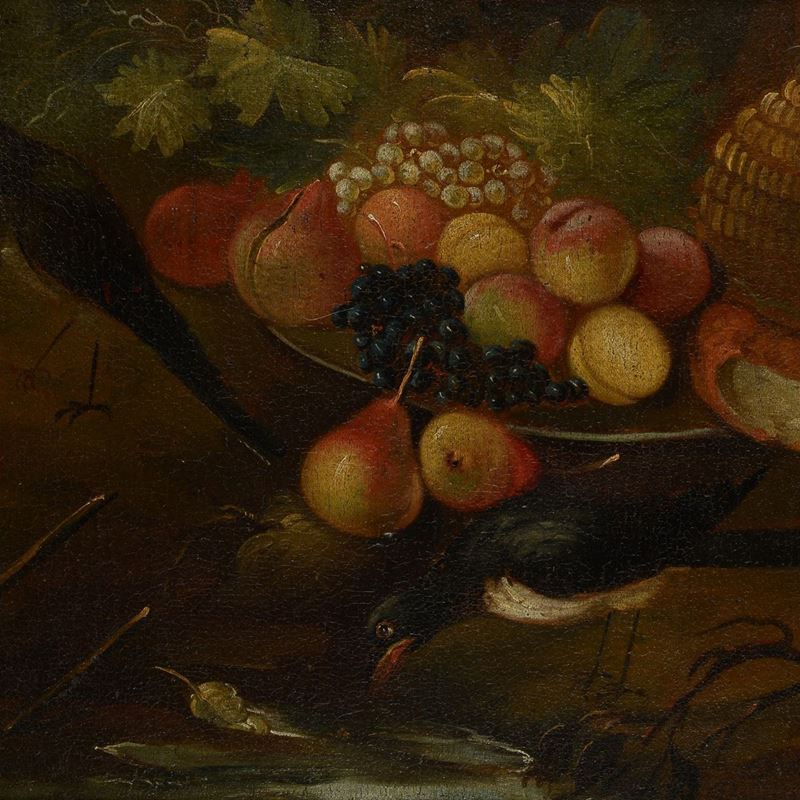 Scuola Lombarda, XVIII Sec. - Natura Morta con Frutta e Uccelli
