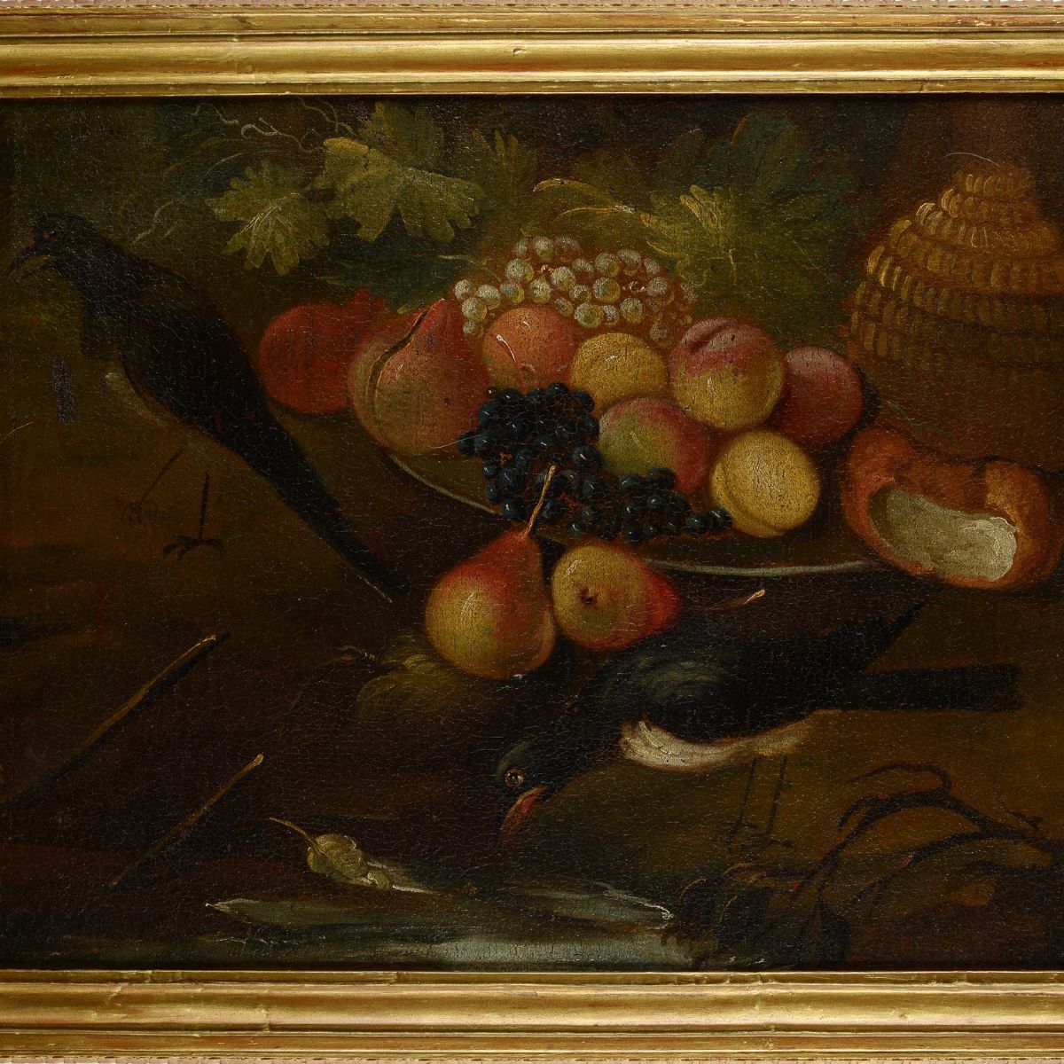 Scuola Lombarda, XVIII Sec. - Natura Morta con Frutta e Uccelli