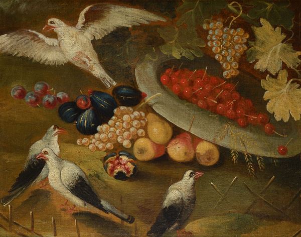 Scuola Lombarda,  XVIII sec. - Natura morta con frutta e uccelli