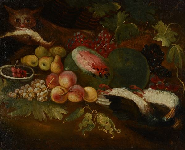 Scuola Italia Settentrionale, XVIII sec. - Natura morta con gatto e frutta