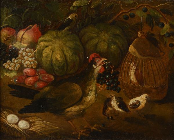 Scuola Italia Settentrionale, XVIII sec. - Natura morta con frutta e uccelli