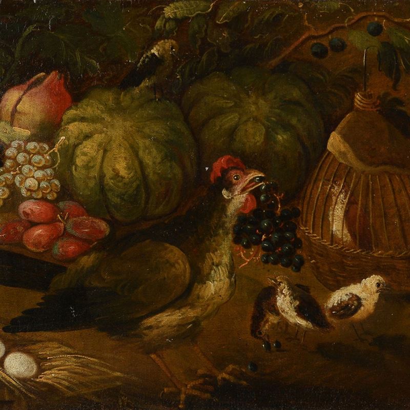 Scuola Italia Settentrionale, XVIII Sec. - Natura Morta con Frutta e Uccelli