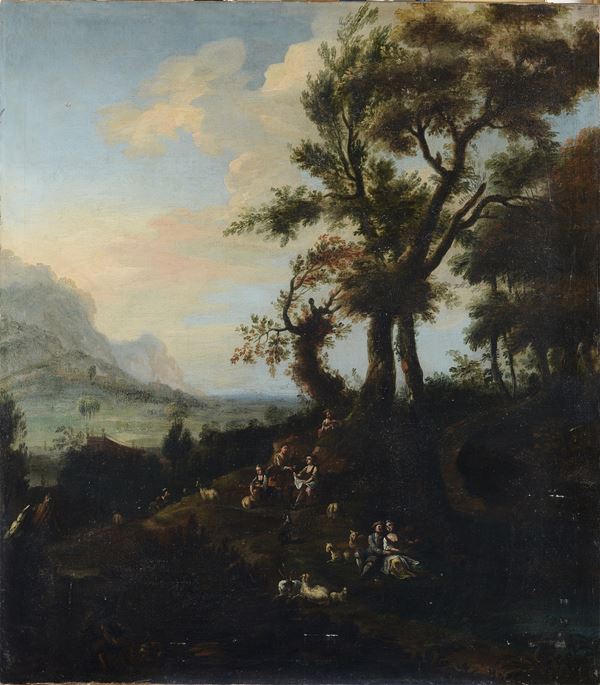 Scuola Europea, fine XVII sec. - Paesaggio con figure